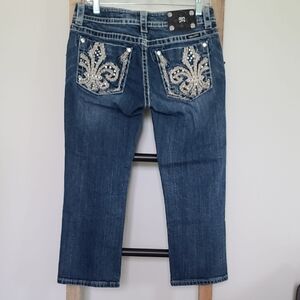 Miss Me Blue Capri Jeans with Embroidered Fleur De Lis & Rhinestone Backpockets